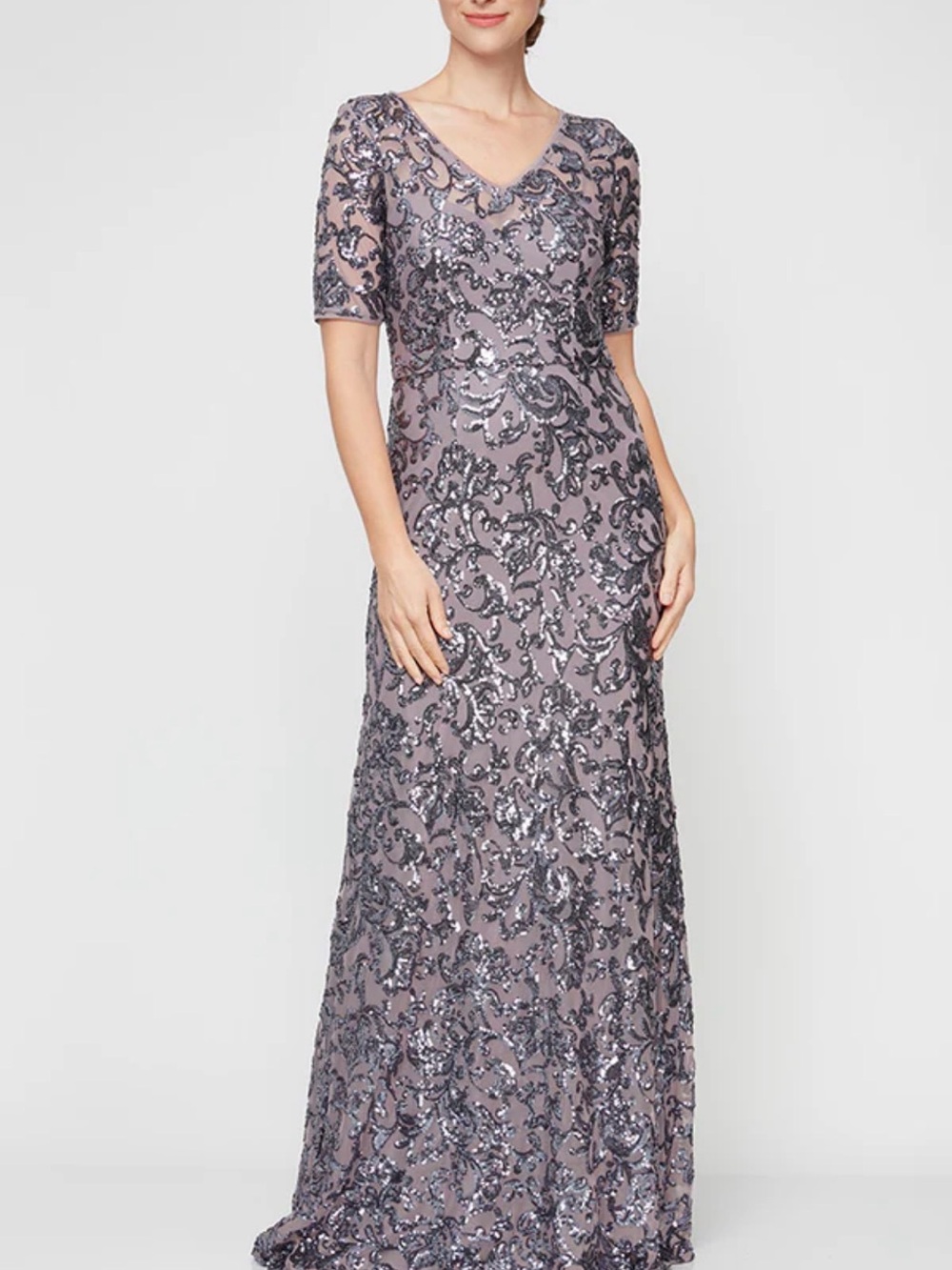 Elegant Sequin Lace V-Neck Evening Gown - Dusty Lavender